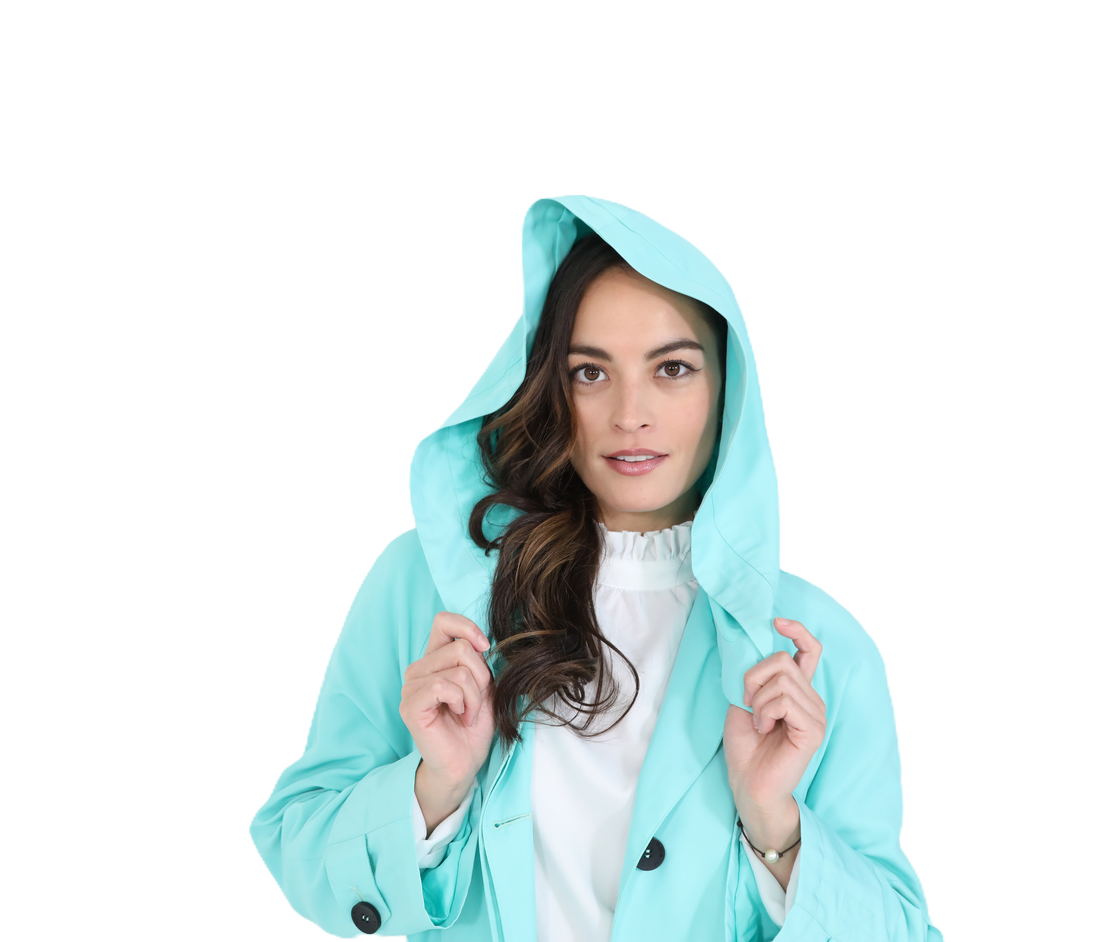 Mint hooded raincoat with Agnes Bonaventura Embroidery