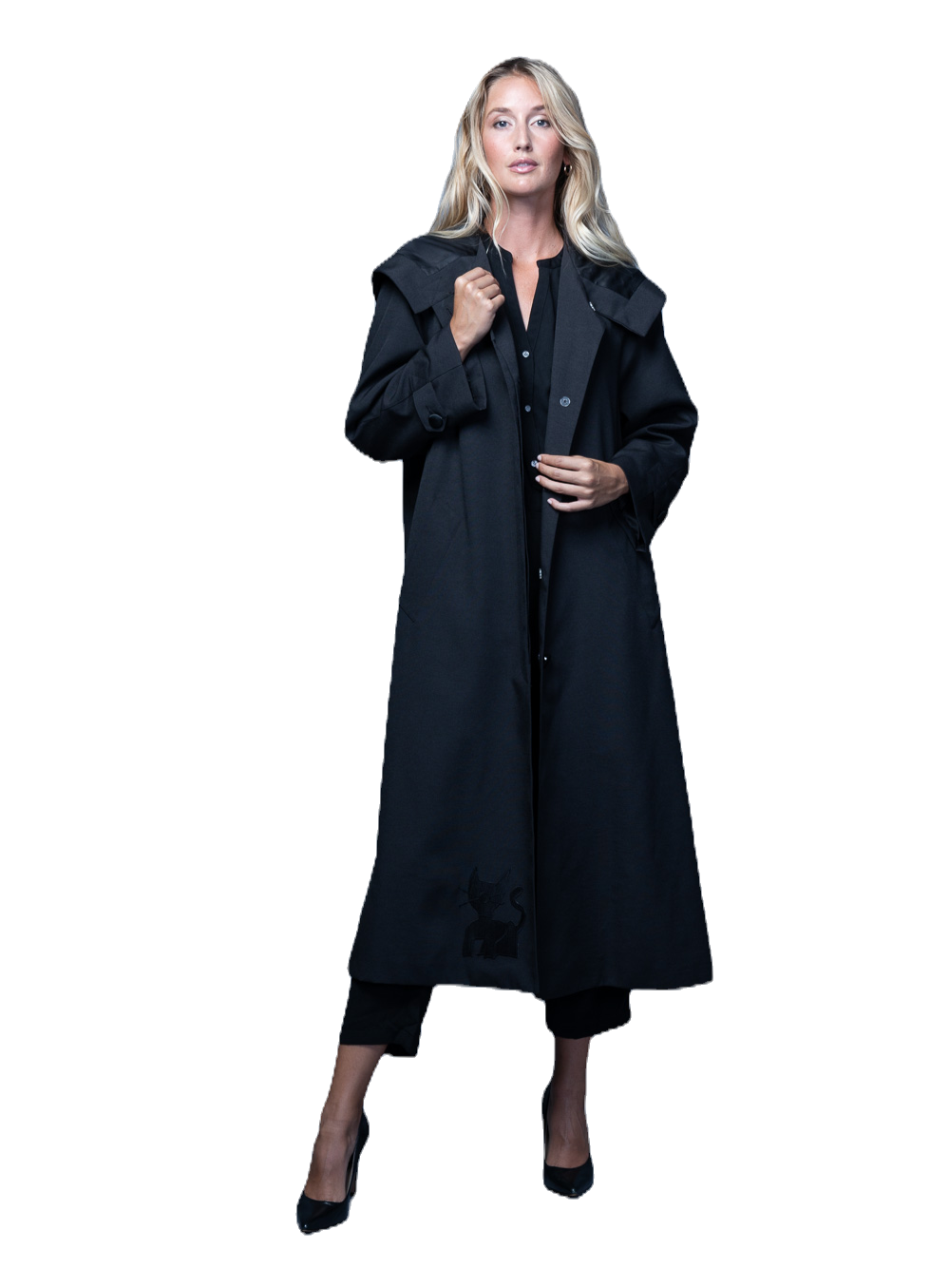 Black on Black Hooded Raincoat with "Agnes Bonaventura"