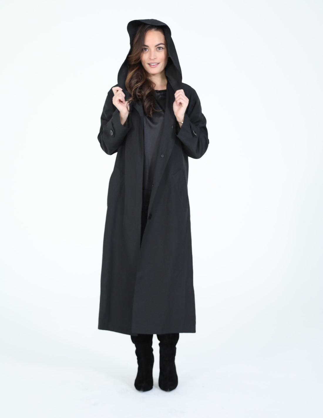 Black on Black Hooded Raincoat with "Agnes Bonaventura"