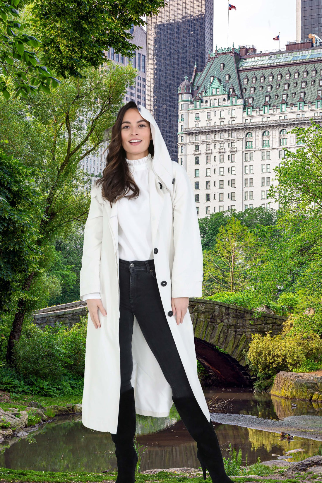 Bone Hooded Raincoat with Tammy Cat Embroidery