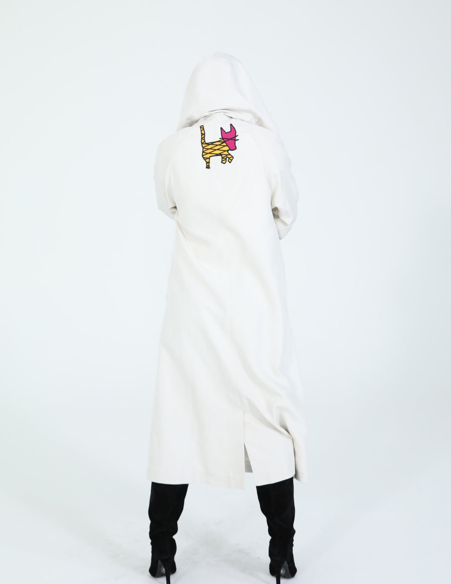 Bone Hooded Raincoat with Tammy Cat Embroidery