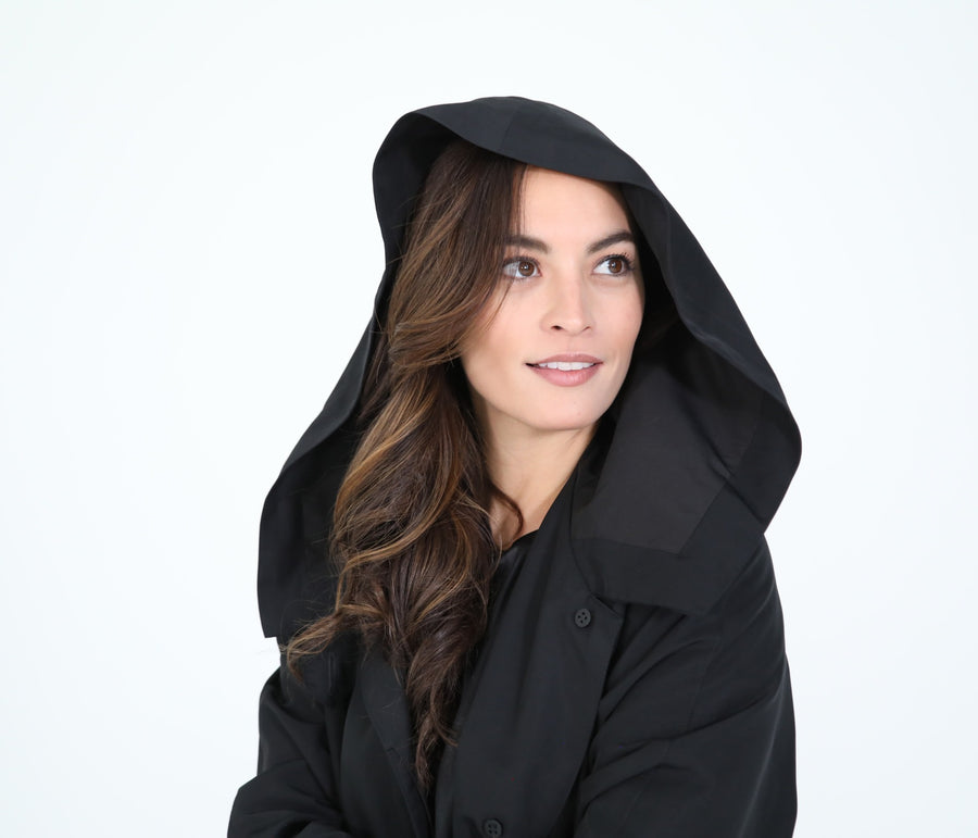 Black on Black Hooded Raincoat with "Agnes Bonaventura"