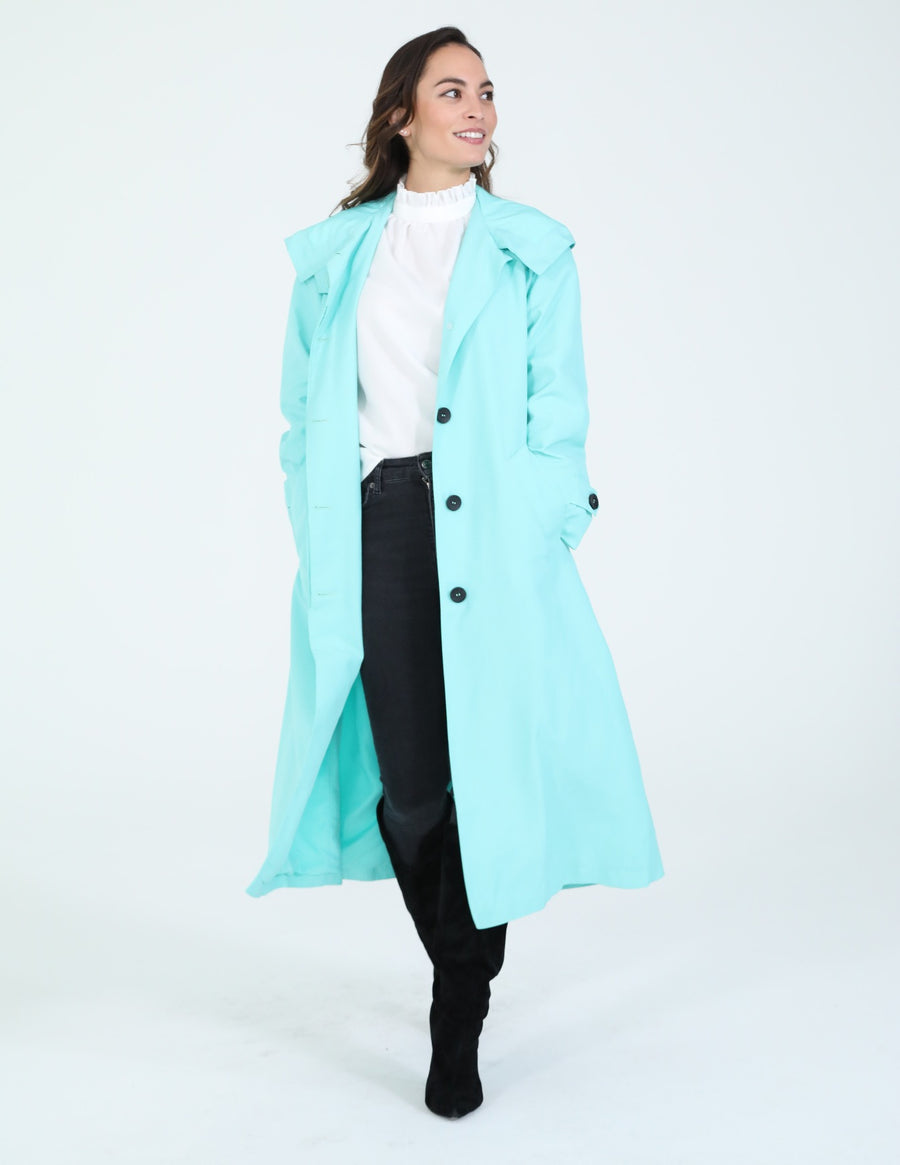 Mint hooded raincoat with Agnes Bonaventura Embroidery